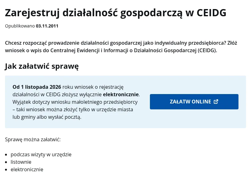 Wpis do CEIDG na biznes.gov.pl – rejestracja działalności gospodarczej online od 1 listopada 2026